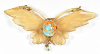 Art Nouveau horn pendant in the form of a butterfly and set with faux turquoise by Elizabeth