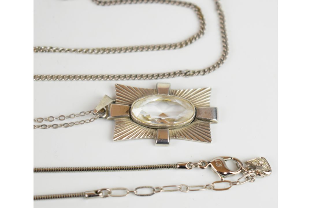 Three silver pendants set with pressed amber, synthetic opal and paste, marcasite earrings, - Image 7 of 9