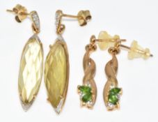 Two pairs of 9k gold earrings set with Russian diopside and topaz and the other pair citrine and