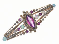 Edwardian 15ct gold brooch set with a marquise cut garnet, rubies, opals and seed pearls, 5.4g, 4.