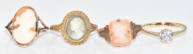 Four 9ct gold rings, three set with cameos and one cubic zirconia, 6.8g, size N, M, K & I