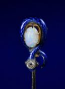 Victorian stick pin in the form of a serpent set with blue guilloché enamel, an opal cabochon, an