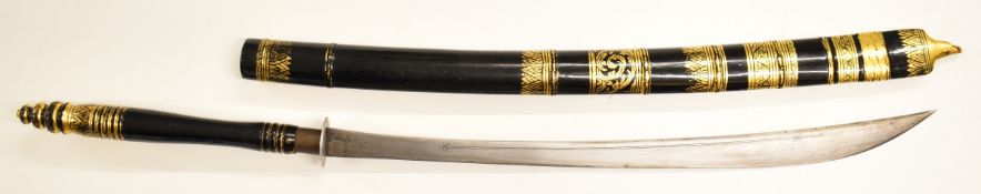 Burmese Dha sword in lacquer scabbard with gilt decoration, length 100cm. PLEASE NOTE: WE ARE NOT