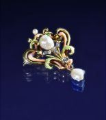 Art Nouveau 15ct gold pendant / brooch set with pearls, pink and green enamel and diamonds,