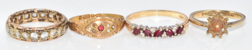 Four 9ct gold rings including an eternity ring, 8.4g, sizes J, L, R & M/N