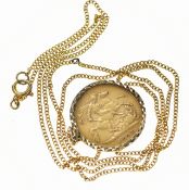 1898 gold half sovereign in 9ct gold pendant mount, on 9ct gold chain, 58cm, 7.1g