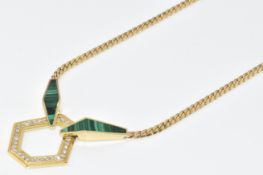 A bespoke yellow metal necklace set with malachite and diamonds, tests as 18k gold, 35g, 55cm