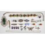 A collection of silver jewellery including two pairs of cufflinks, pair of pressed amber earrings,