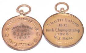 Two 9ct gold bowls medallions, 14.7g