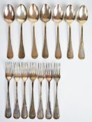 Swedish 830 grade silver dessert cutlery set comprising seven each of forks and spoons, length 16cm,