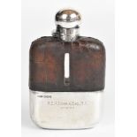 Edward VII hallmarked silver and glass hip flask with captive screw cap and pull off cup, engraved
