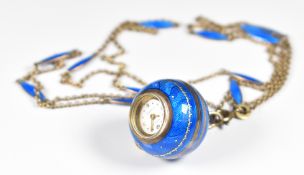 A silver gilt (800 grade) sphere Heno watch pendant set with guilloché enamel and matching chain,