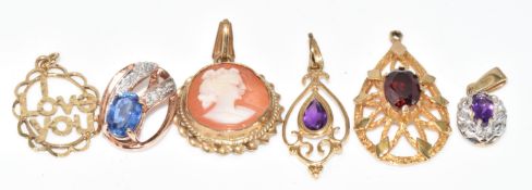 Six 9ct gold pendants including garnet, cameo, amethyst, spinel and diamond and 'I love you', 7.7g