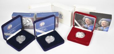 Three Royal Mint silver proof £5 crowns comprising two Victorian Anniversary and one 1900-2022 Queen