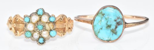 Two c1900 9ct gold rings, one set with turquoise and the other with split pearls and turquoise (