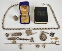 Silver to include Albert / watch chain, thimble, whistle (Birmingham 1907), brooch 'Alice', pigeon