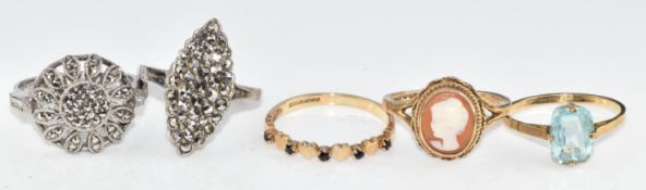 Three 9ct gold rings including paste, cameo and sapphire (5.8g, size L, N & O) and two silver
