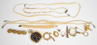 A collection of jewellery including silver gilt filigree bracelet, gold plated lorgnette,