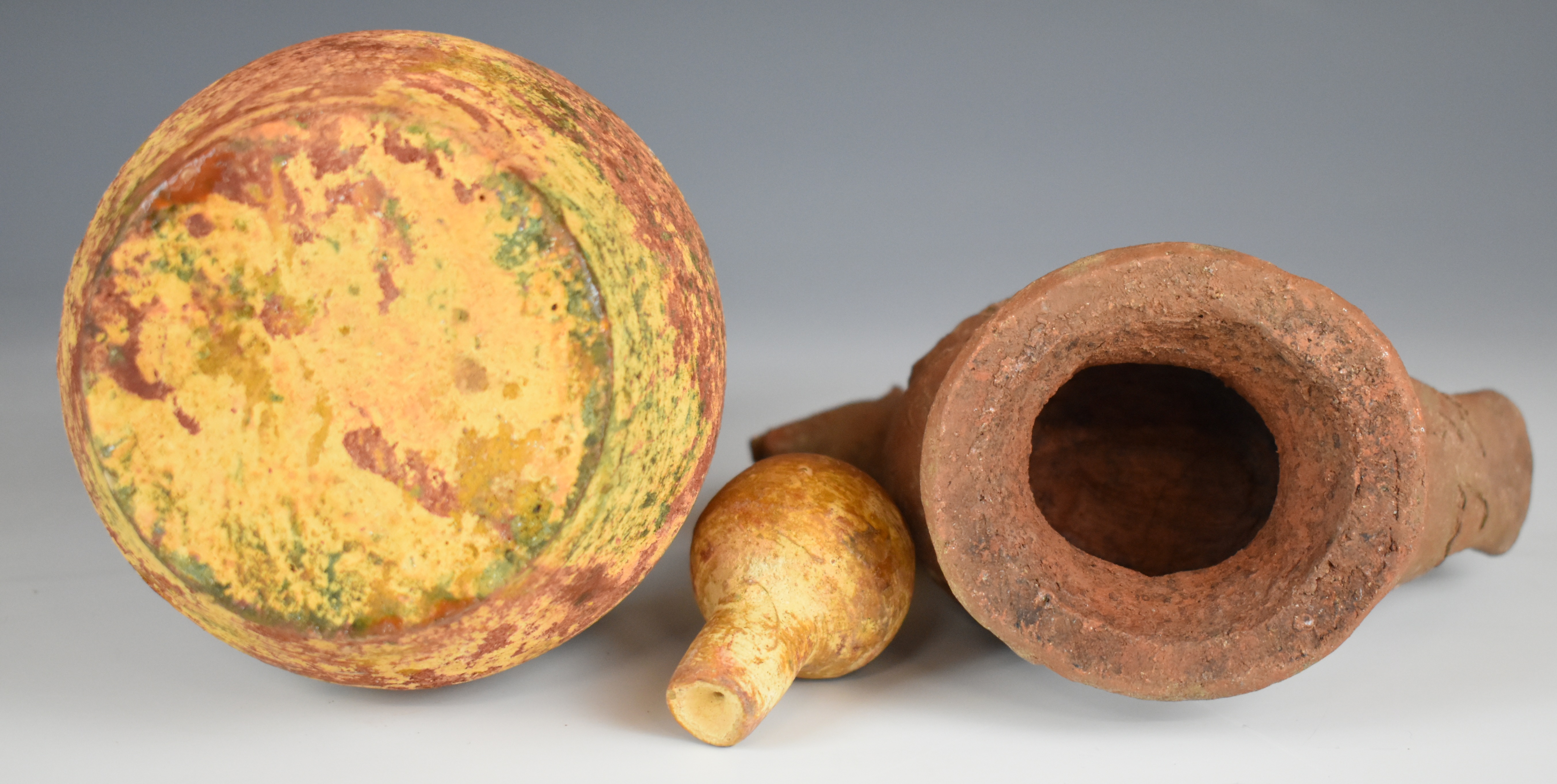 Eastern pottery terracotta figure of a chicken and a pottery bottle with moulded decoration, tallest - Image 3 of 3