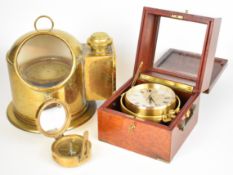 Brass gimballed ship's compass, brass sighting compass and a Matthew Norman quartz clock in wooden