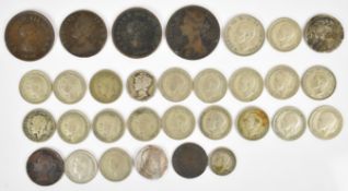 Approximately 63g pre 1947 British silver coinage together with a quantity of Georgian and Victorian