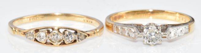 Two c1930 18ct gold rings set with diamonds, 4g, size L & O/P