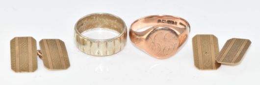 A 9ct rose gold signet ring (band cut, 6.8g), a 9ct white gold wedding band (4.9g, size N) and a