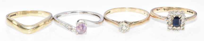 Four 9ct gold rings comprising sapphire and diamonds, amethyst and diamonds, round cut diamond and a