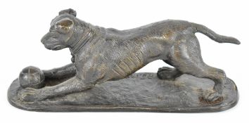 After Pierre-Jules Mene (French 1810-1879) bronze dog with ball, marked P J MENE to base, length