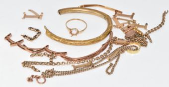 A collection of 9ct gold including damaged chain, watch strap, section of bangle, ring re-size