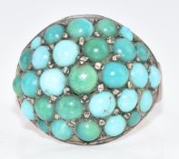 Early Victorian 9ct rose gold ring set with turquoise cabochons, 4.9g, size Q