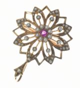 Edwardian 15ct gold brooch / pendant set with a ruby and split pearls, 7.2g, 3cm