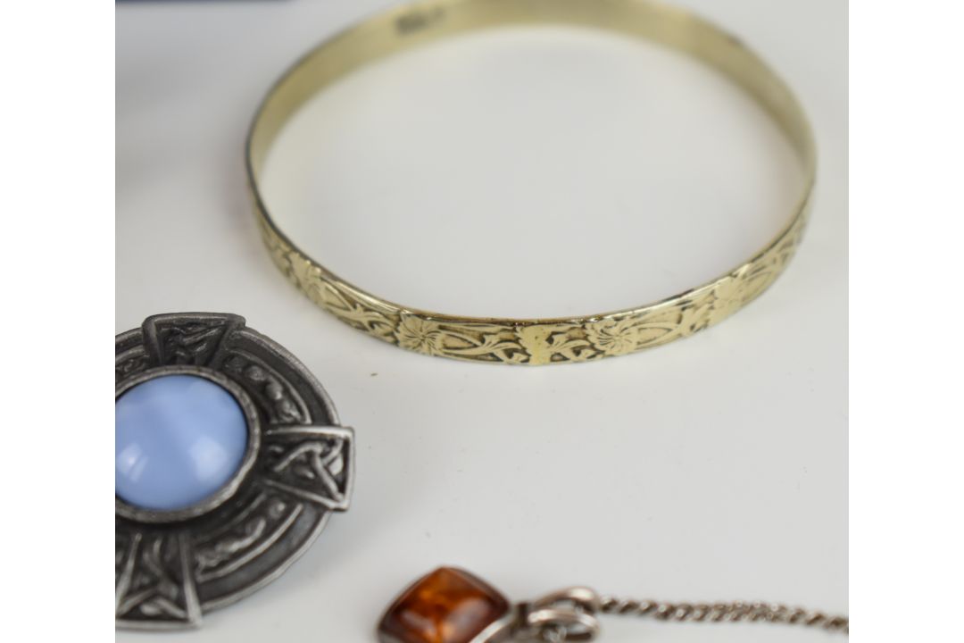 Three silver pendants set with pressed amber, synthetic opal and paste, marcasite earrings, - Image 9 of 9