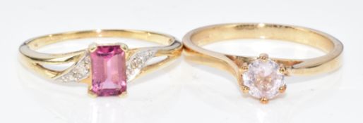 Two 9ct gold rings, one set with a topaz and the other paste, 3.5g, sizes M & O