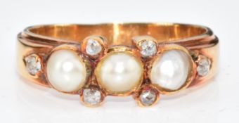 A 14ct gold ring set with split pearls and old cut diamonds, 4.9g, size N