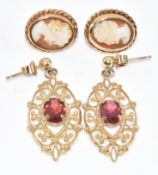 Two pairs of 9ct gold earrings, one pair set with cameos and the other garnets, 5g