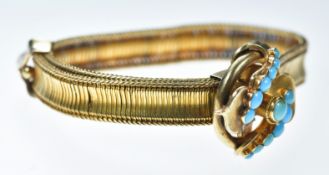 Victorian yellow metal adjustable bracelet set with turquoise cabochons, 16.6g (tests as 20k gold)