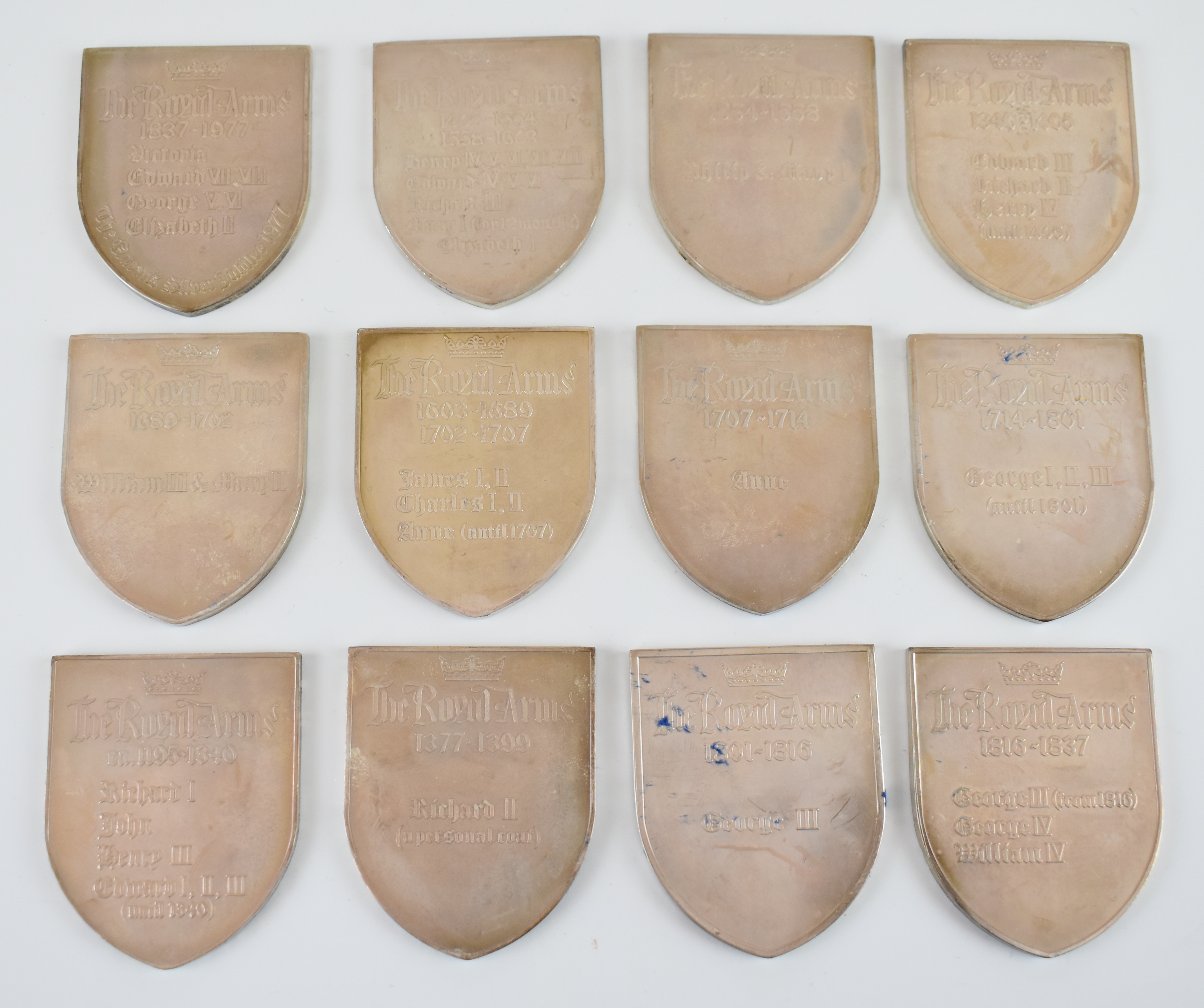 Yorkshire Mint cased set of 12 hallmarked silver commemorative Royal Arms shield shaped - Image 3 of 5