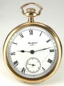 Rockford gold plated keyless winding open faced pocket watch with subsidiary seconds dial, blued