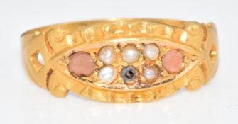 A 15ct gold ring set with coral and pearls (one pearl missing), 1.7g, size N, Birmingham 1890