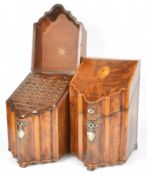 Pair of Georgian flame mahogany knife boxes with crossbanded and inlaid decoration including shell