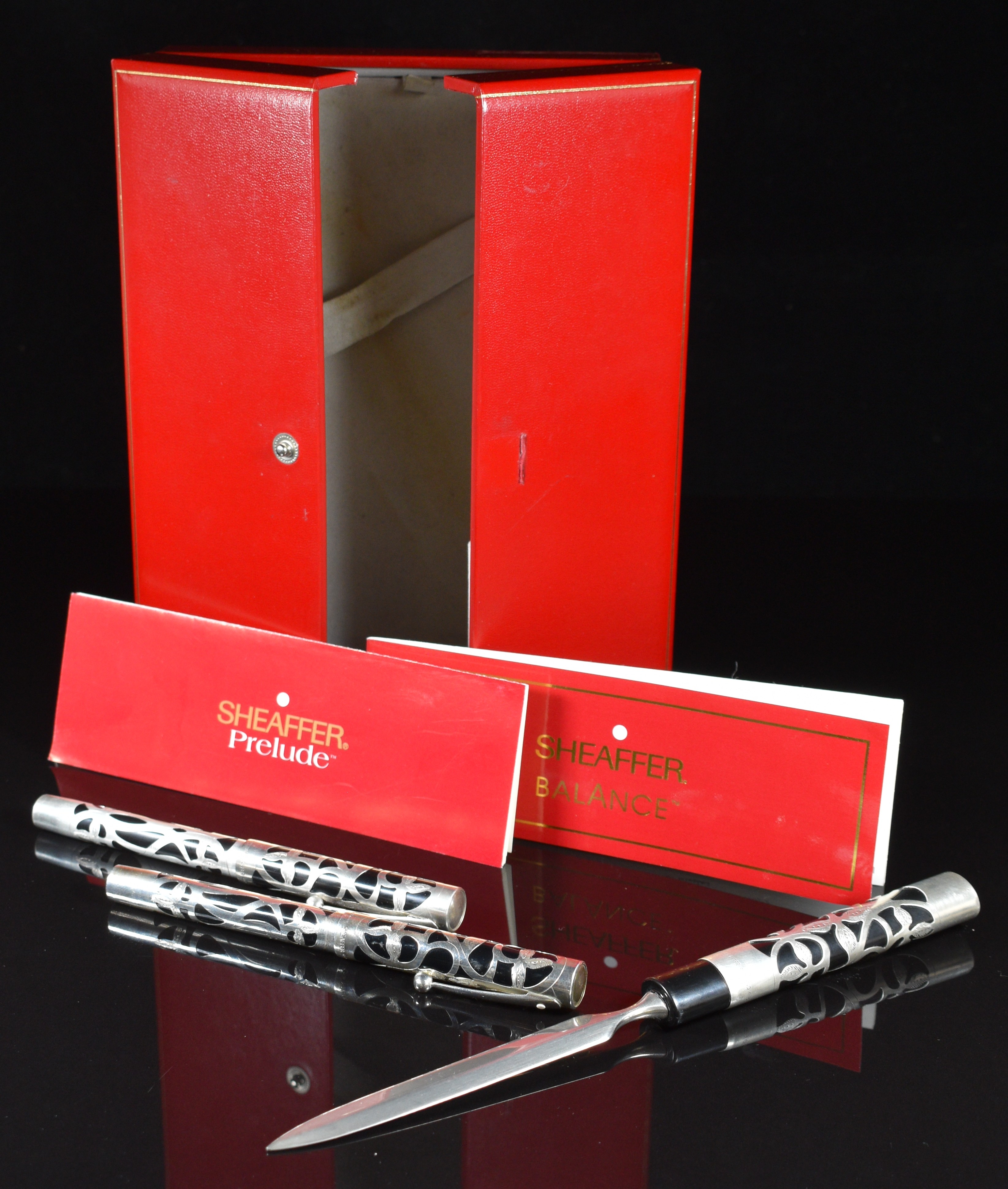 Sheaffer Nostalgia silver overlaid fountain and ballpoint pen and paper knife set, each with - Image 2 of 10