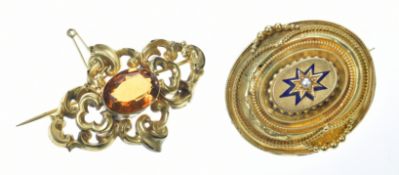 Two Victorian yellow metal brooches, 23.7g, 5.2 & 4.5cm