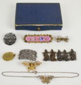 A collection of jewellery including enamel brooch, three silver filigree butterflies, Victorian
