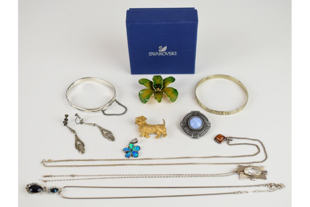 Three silver pendants set with pressed amber, synthetic opal and paste, marcasite earrings, - Image 1 of 9