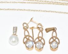 A 9ct gold pendant and matching earrings set with cubic zirconia, a 9ct gold diamond and pearl