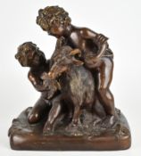 After Clodion bronze Bacchic group of two putti with goat, H35cm