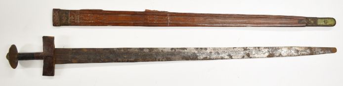 19thC North African Takouba, Tuareg tribal sword in tooled leather scabbard, length 95cm. PLEASE