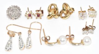 Six pairs of 9ct gold earrings, 9ct gold pendant and a single 9ct gold earring, 6.2g