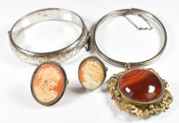 Two silver bangles (27.6g), Victorian agate brooch and two silver cameo brooches